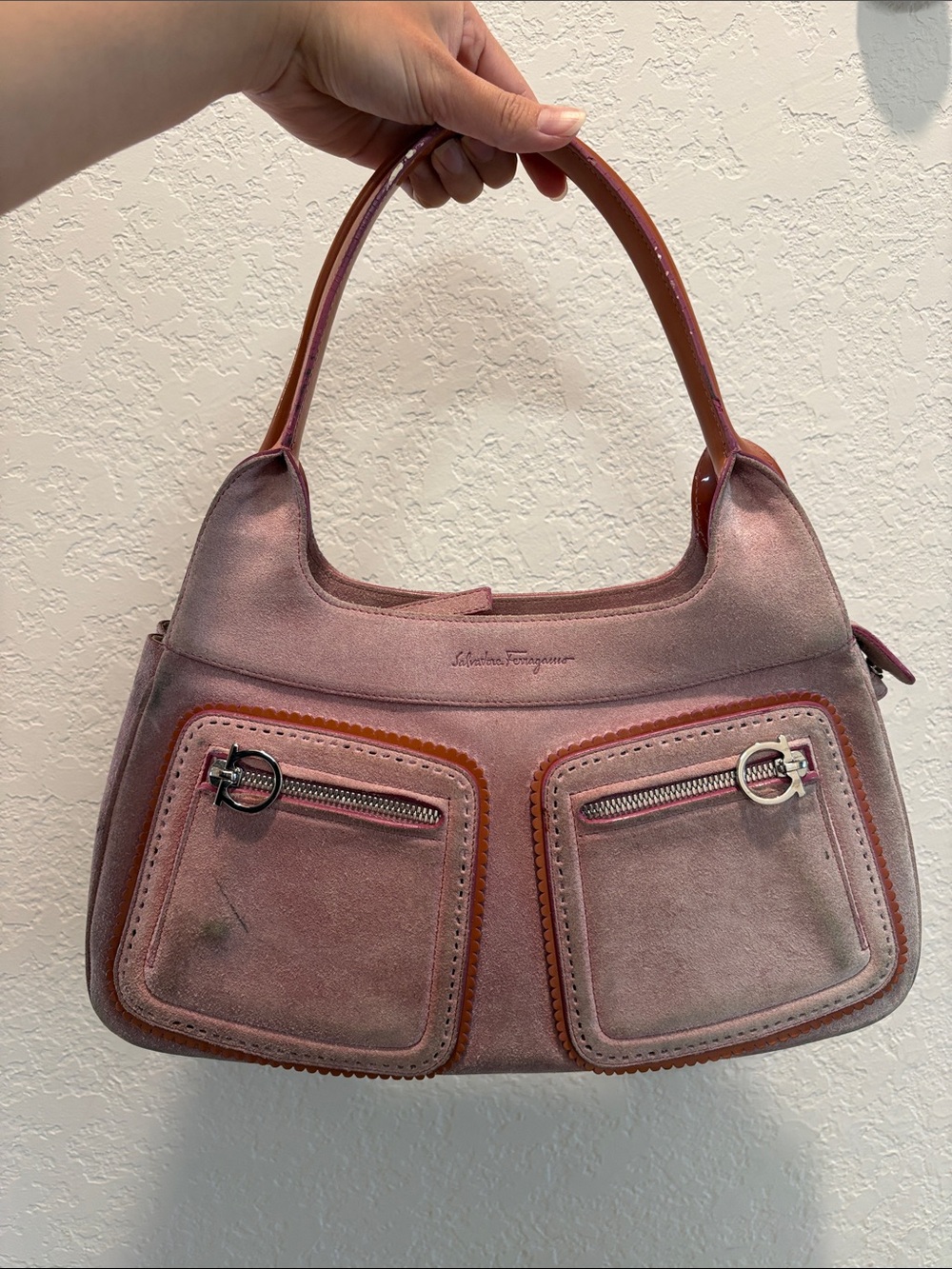 Salvatore Ferragamo Dusty Pink Suede Shoulder Bag with Leather Trim